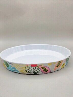 White Ceramic Pie Plate with Colorful Tropical Fruit on Outside Rim, NWOT